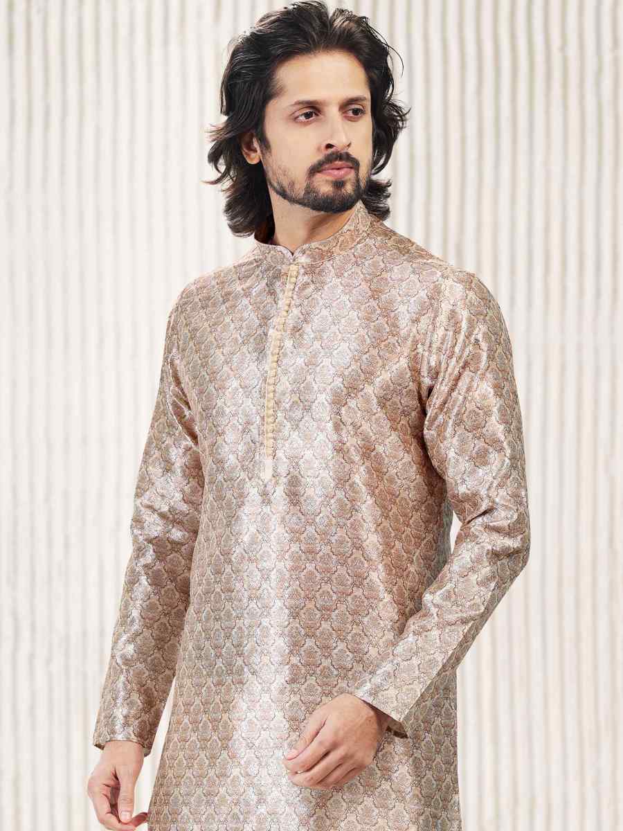 Beige Jacquard Banarasi Silk Woven Festival Wedding Kurta