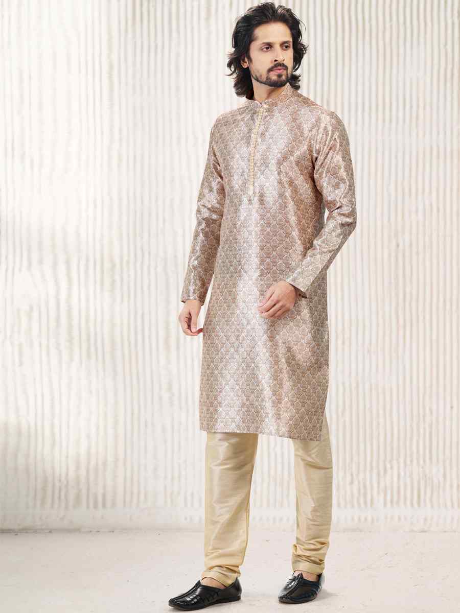 Beige Jacquard Banarasi Silk Woven Festival Wedding Kurta