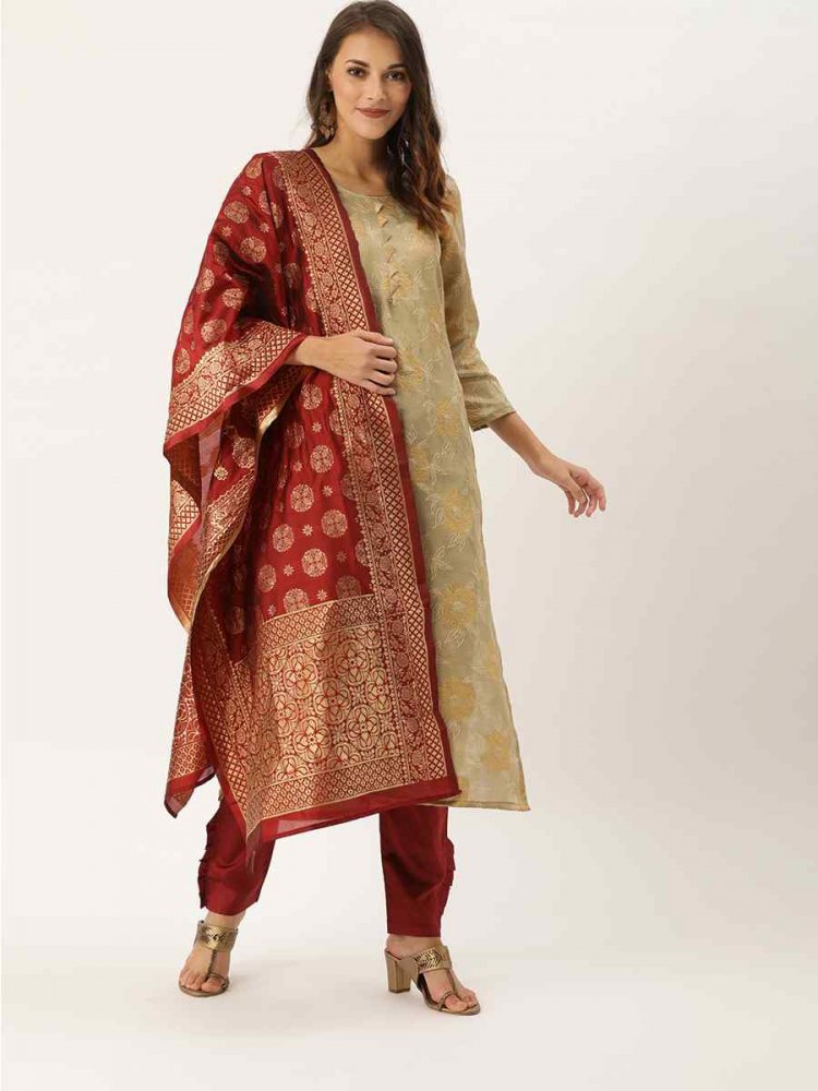 Beige Jacquard Embroidered Party Casual Pant Salwar Kameez