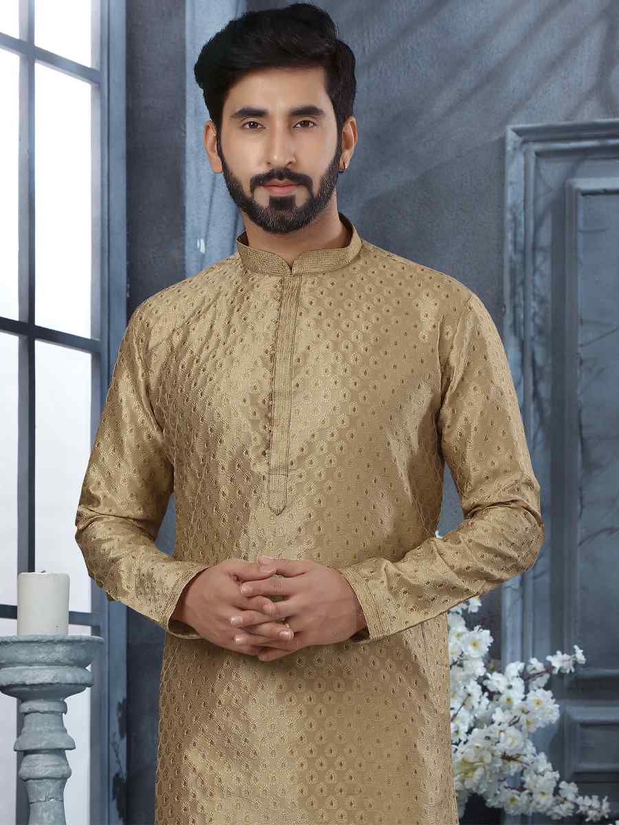 Beige Jacquard Woven Festival Party Kurta