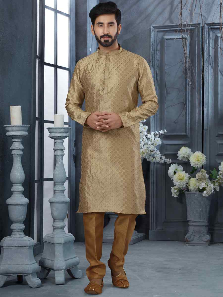 Beige Jacquard Woven Festival Party Kurta