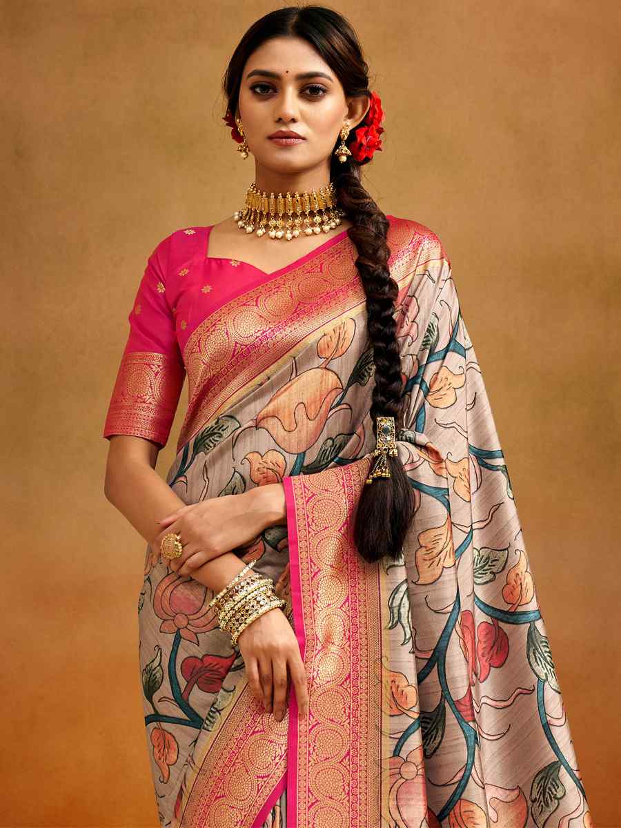 Beige Kalamkari Banarasi Silk Handwoven Wedding Festival Heavy Border Saree