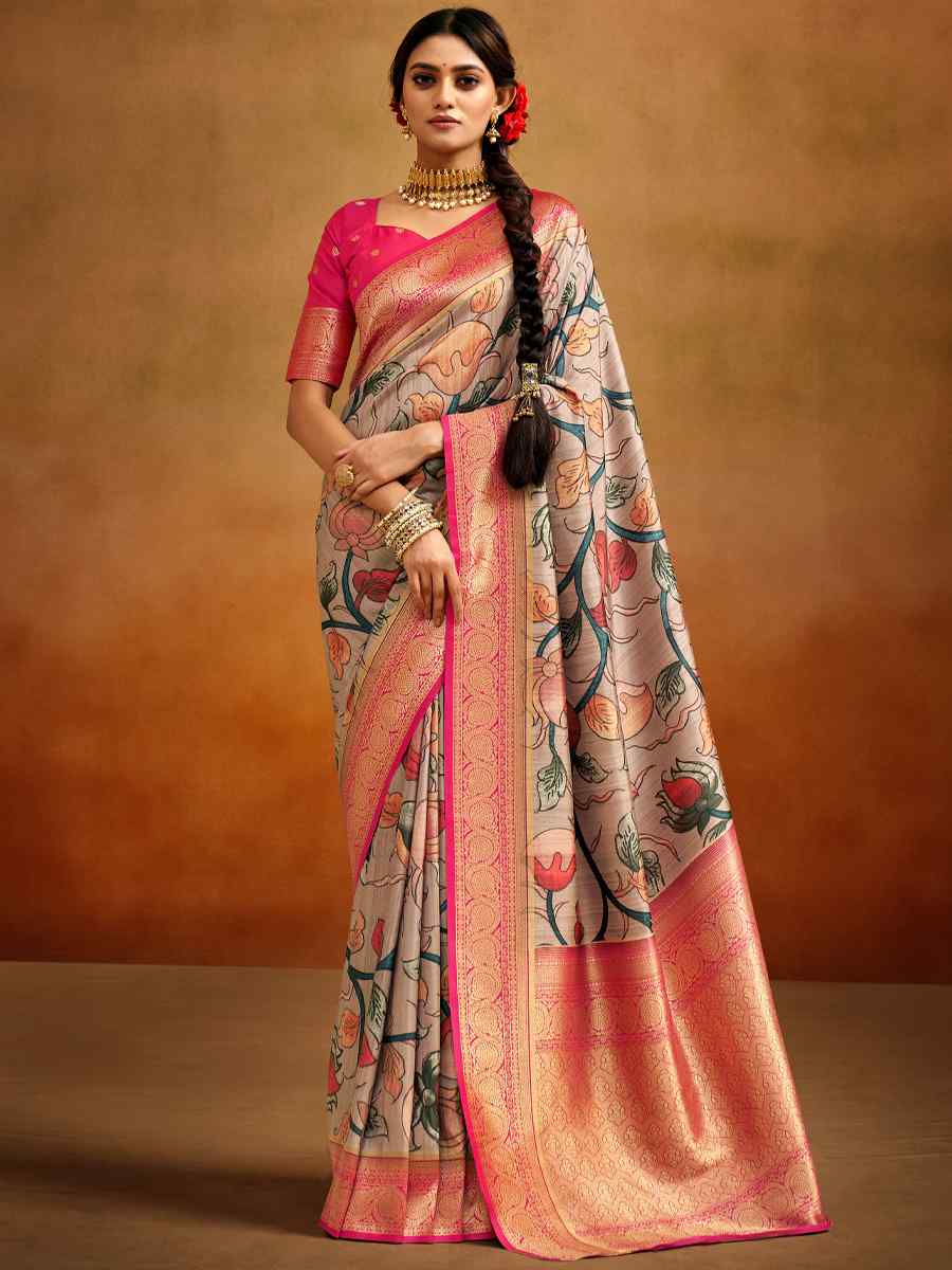 Beige Kalamkari Banarasi Silk Handwoven Wedding Festival Heavy Border Saree