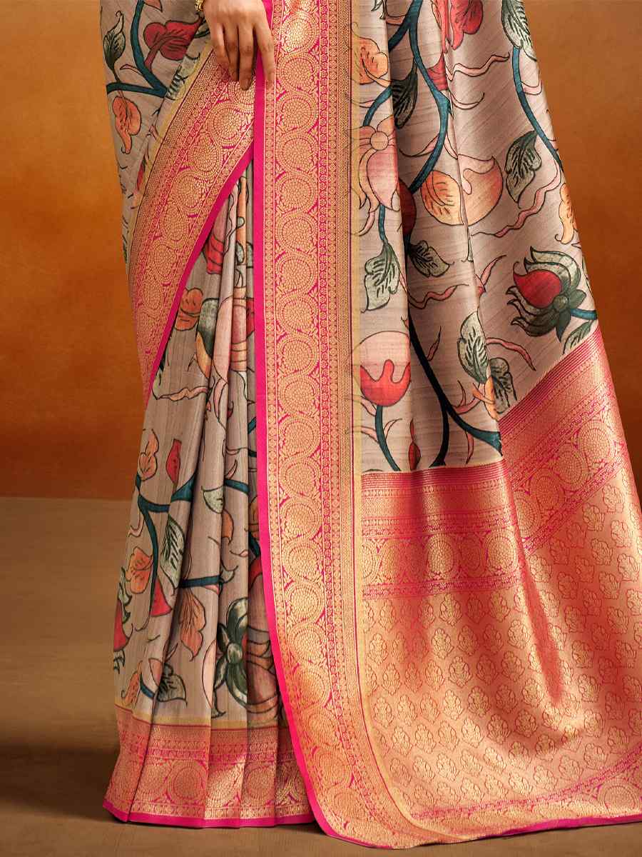 Beige Kalamkari Banarasi Silk Handwoven Wedding Festival Heavy Border Saree