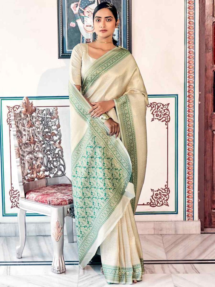 Beige Kanjivaram Silk Handwoven Casual Festival Heavy Border Saree