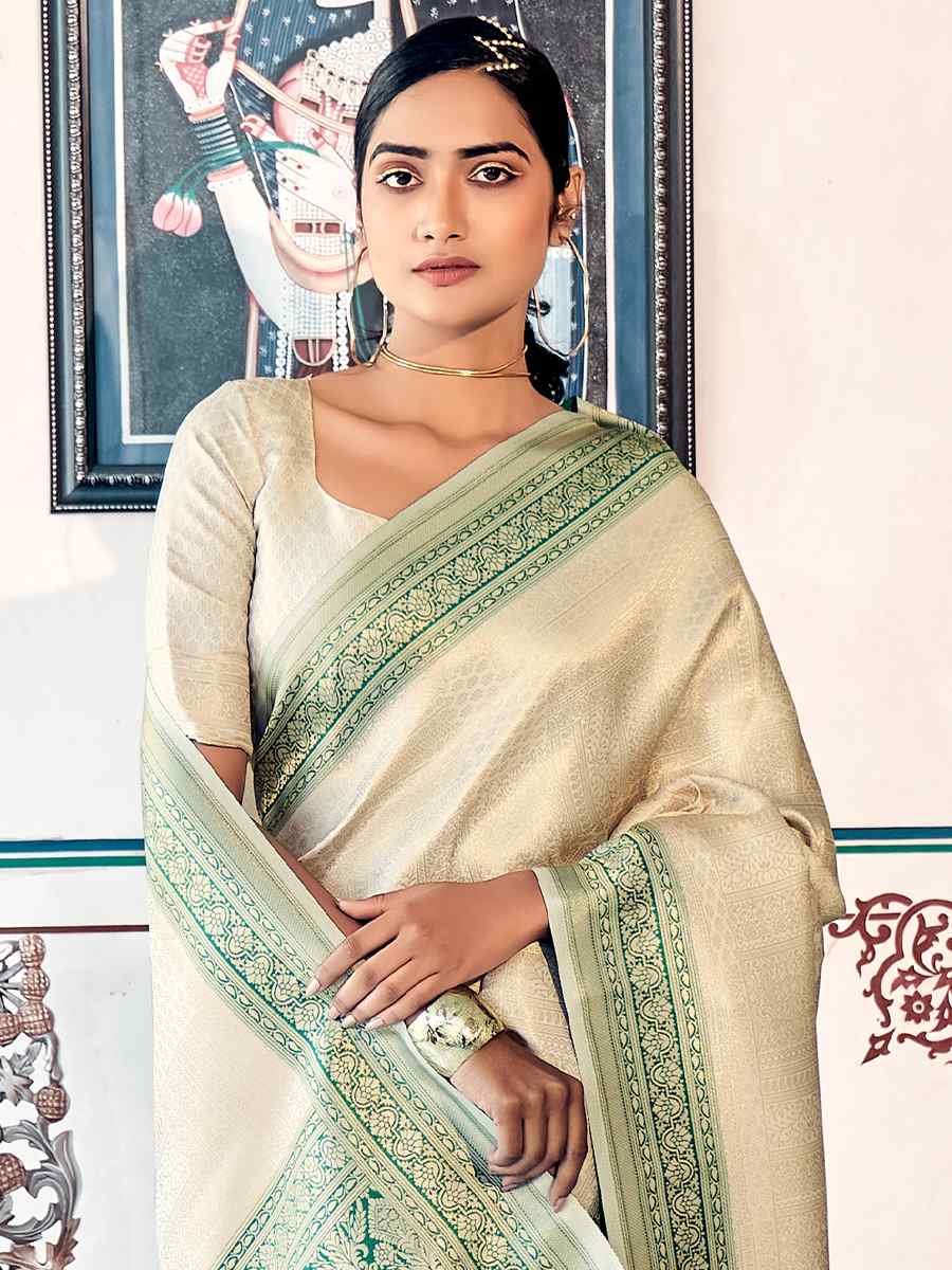 Beige Kanjivaram Silk Handwoven Casual Festival Heavy Border Saree