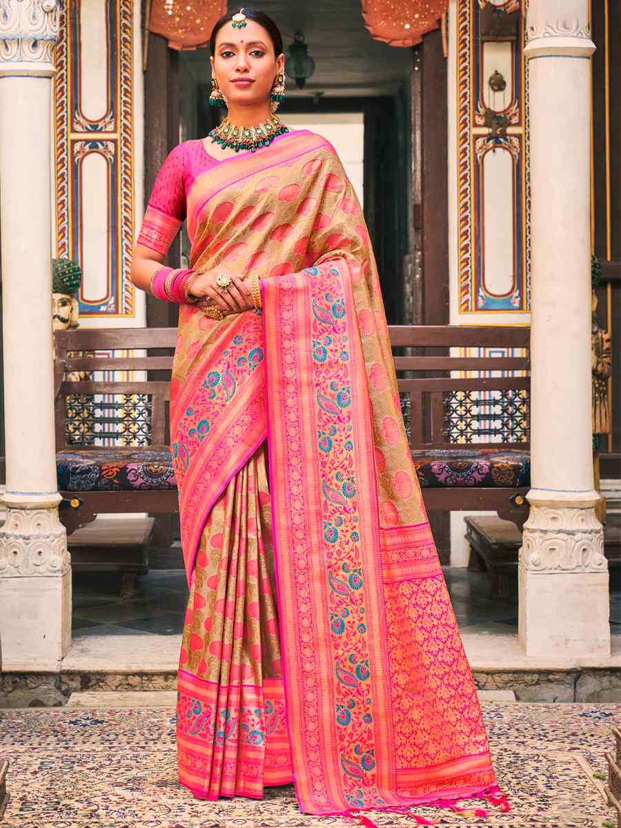 Beige Kanjivaram Silk Handwoven Wedding Festival Heavy Border Saree