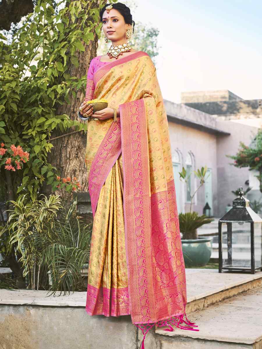 Beige Kanjivaram Silk Handwoven Wedding Festival Heavy Border Saree