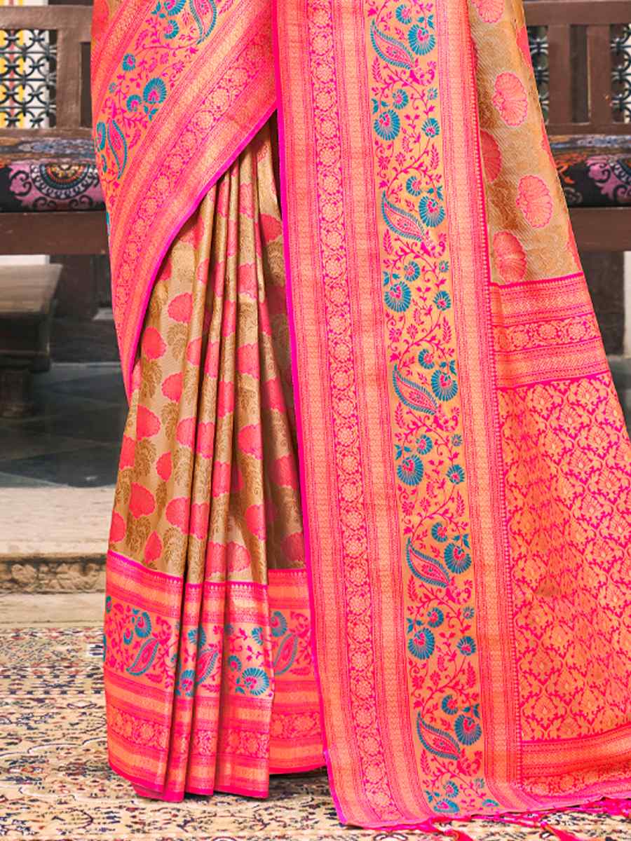 Beige Kanjivaram Silk Handwoven Wedding Festival Heavy Border Saree