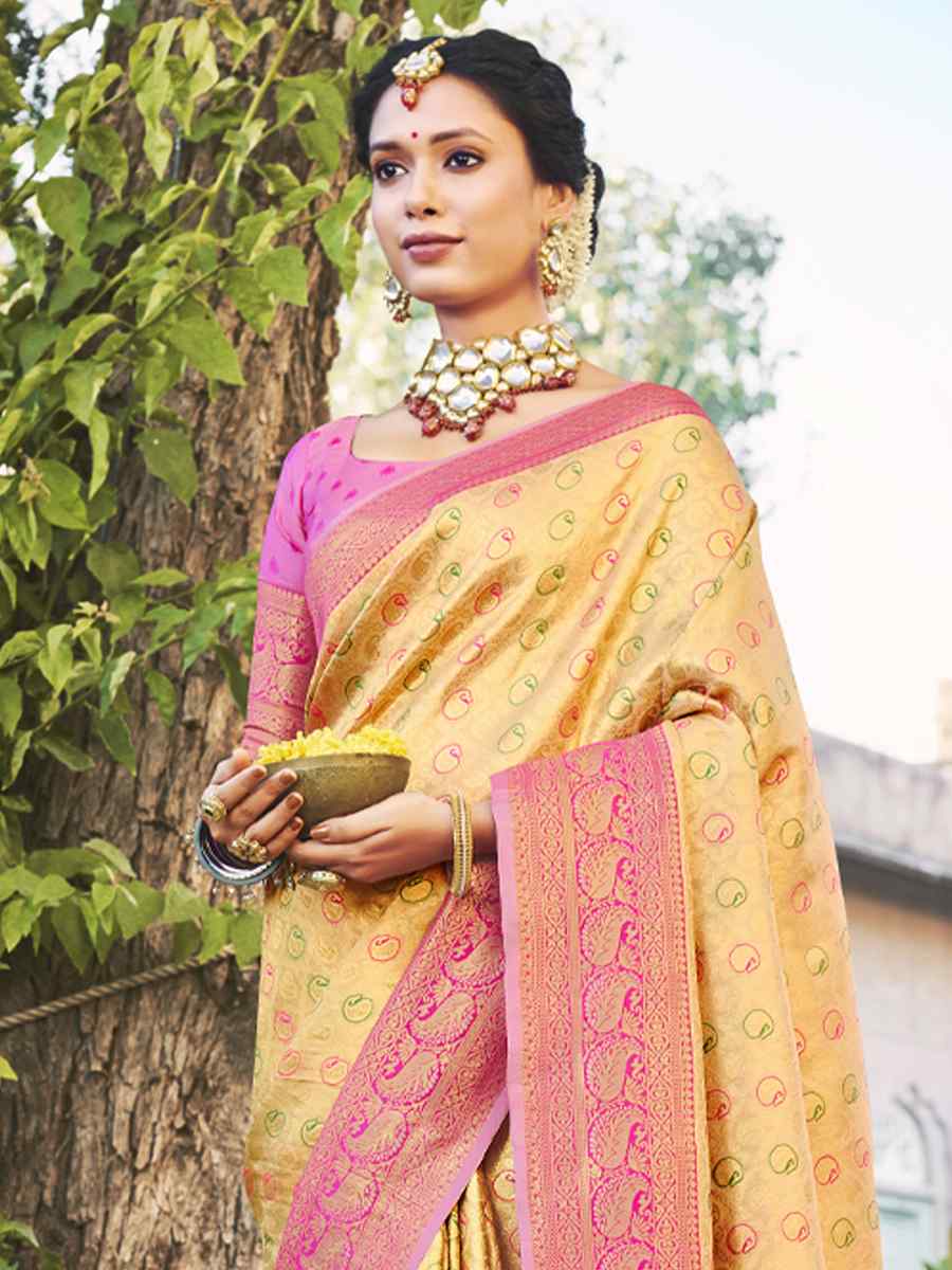 Beige Kanjivaram Silk Handwoven Wedding Festival Heavy Border Saree