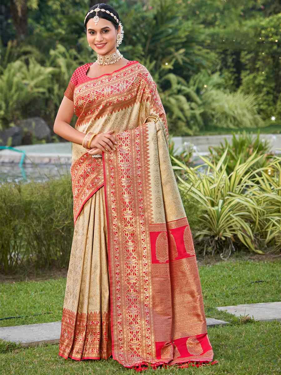 Beige Kanjivaram Silk Handwoven Wedding Festival Heavy Border Saree