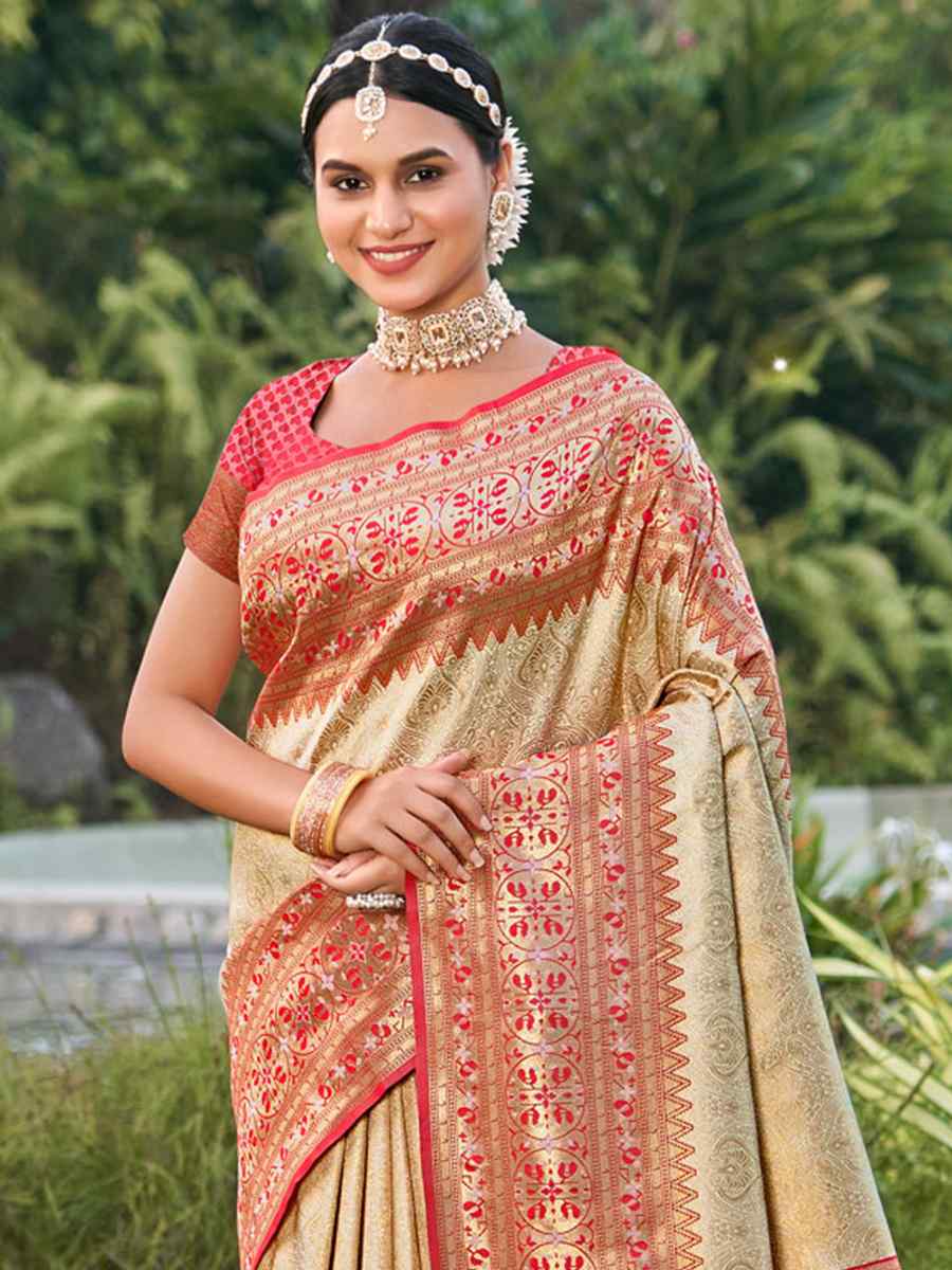 Beige Kanjivaram Silk Handwoven Wedding Festival Heavy Border Saree