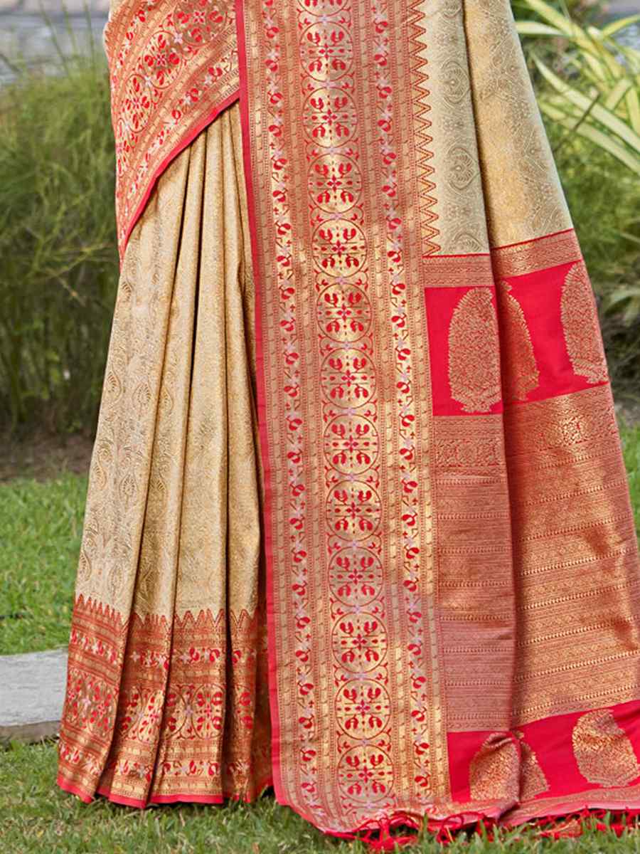 Beige Kanjivaram Silk Handwoven Wedding Festival Heavy Border Saree