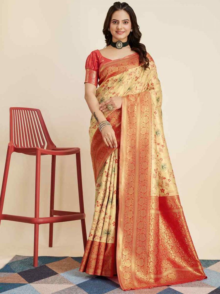 Beige Kanjivaram Silk Handwoven Wedding Festival Heavy Border Saree