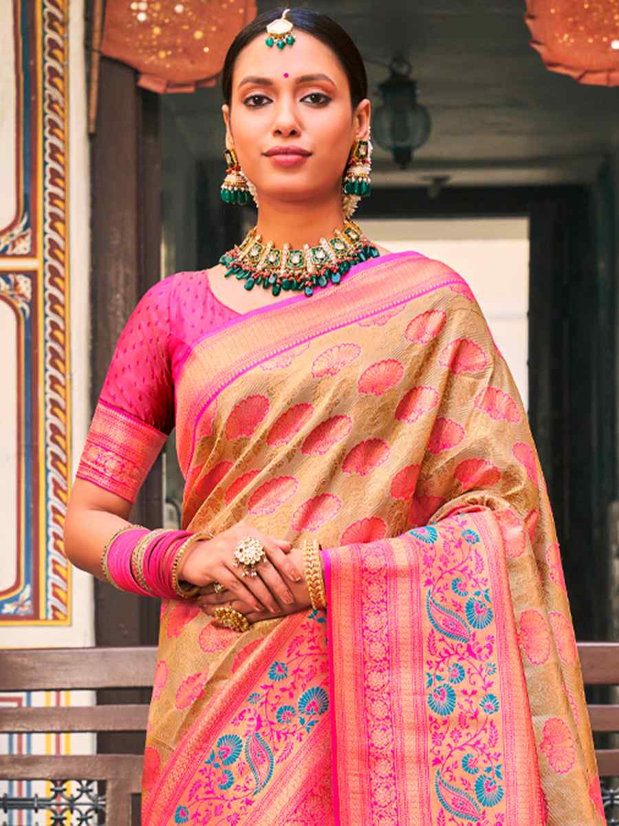 Beige Kanjivaram Silk Handwoven Wedding Festival Heavy Border Saree