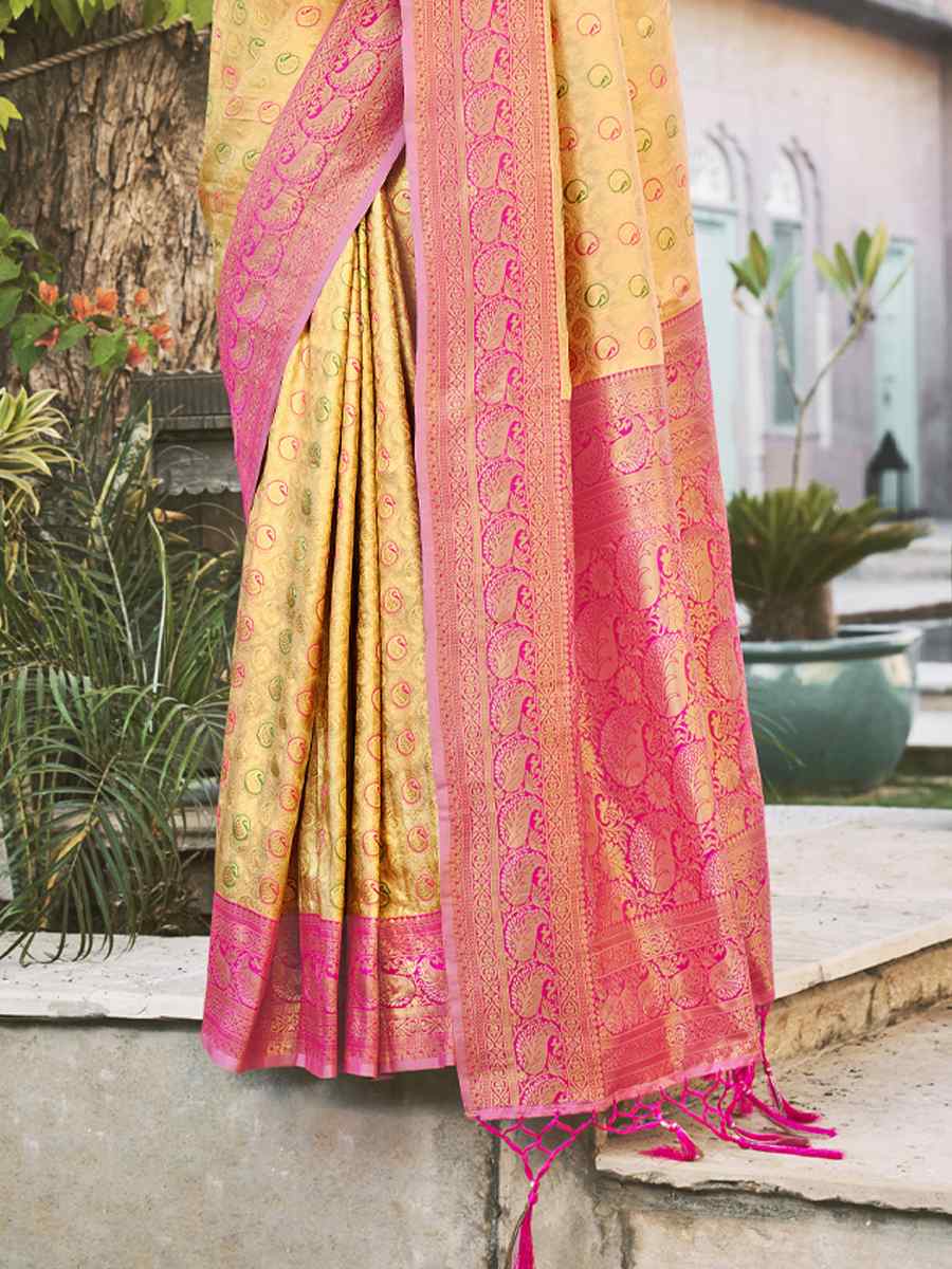 Beige Kanjivaram Silk Handwoven Wedding Festival Heavy Border Saree