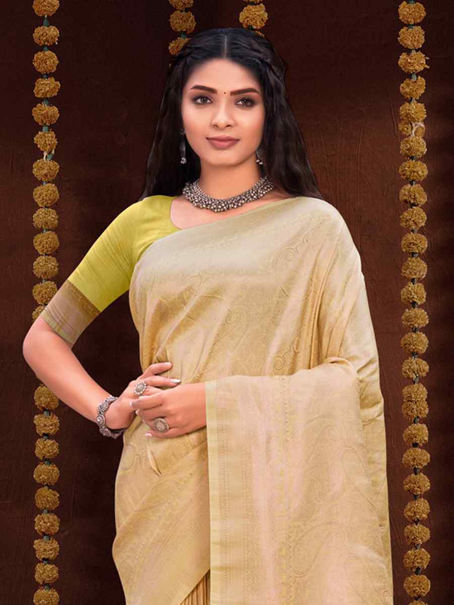 Beige Kanjivaram Silk Printed Wedding Festival Classic Style Saree