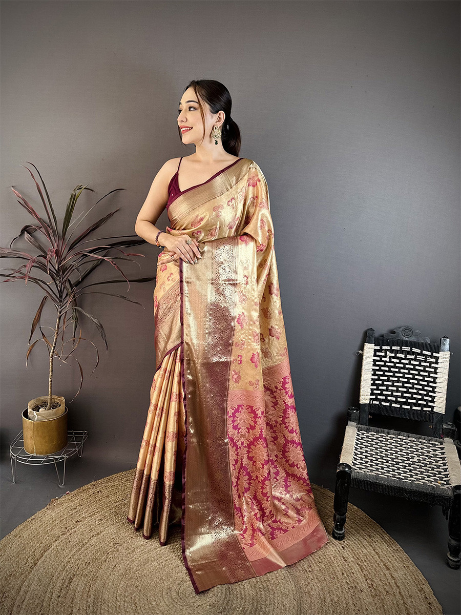 Beige Kanjivaram Silk Zari Weaving Wedding Reception Party Festival Casual Heavy Border Sarees