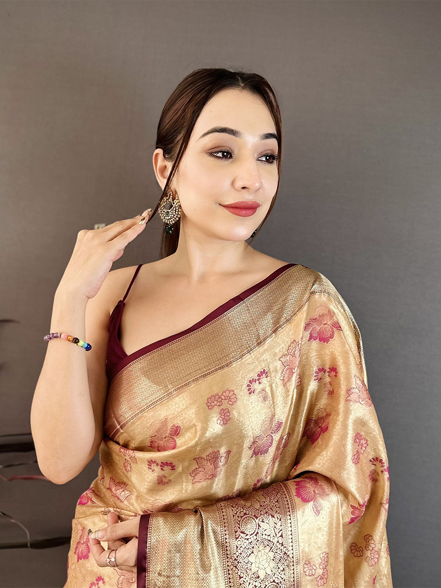 Beige Kanjivaram Silk Zari Weaving Wedding Reception Party Festival Casual Heavy Border Sarees