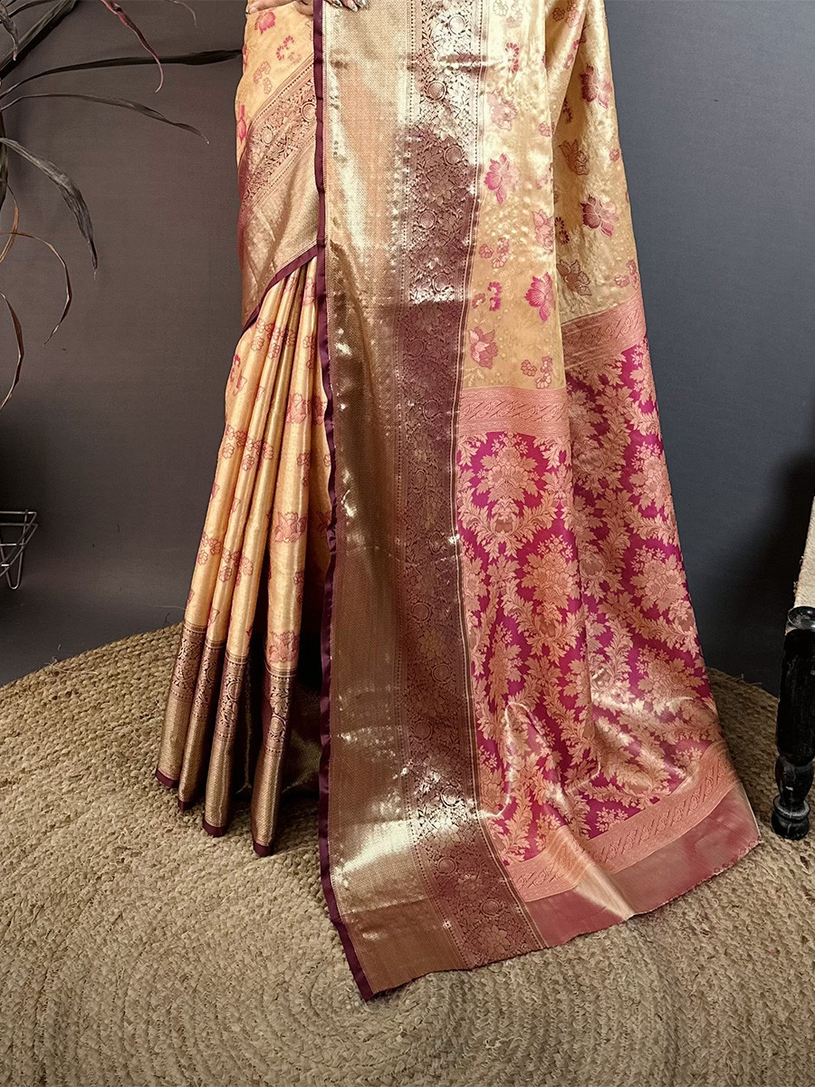 Beige Kanjivaram Silk Zari Weaving Wedding Reception Party Festival Casual Heavy Border Sarees