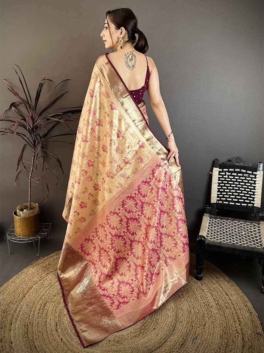 Beige Kanjivaram Silk Zari Weaving Wedding Reception Party Festival Casual Heavy Border Sarees