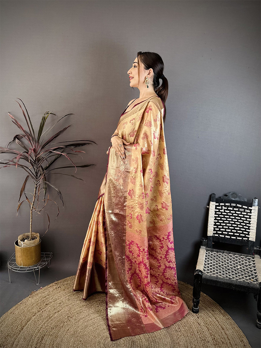 Beige Kanjivaram Silk Zari Weaving Wedding Reception Party Festival Casual Heavy Border Sarees