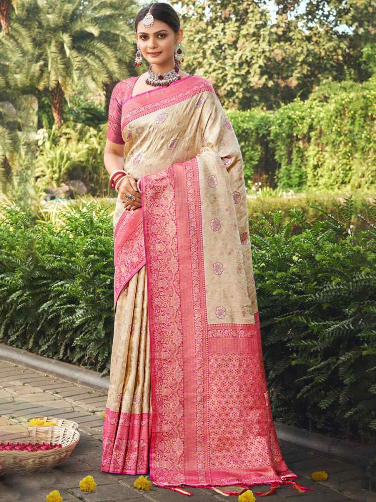 Beige Kanjivaran Silk Handwoven Wedding Festival Heavy Border Saree