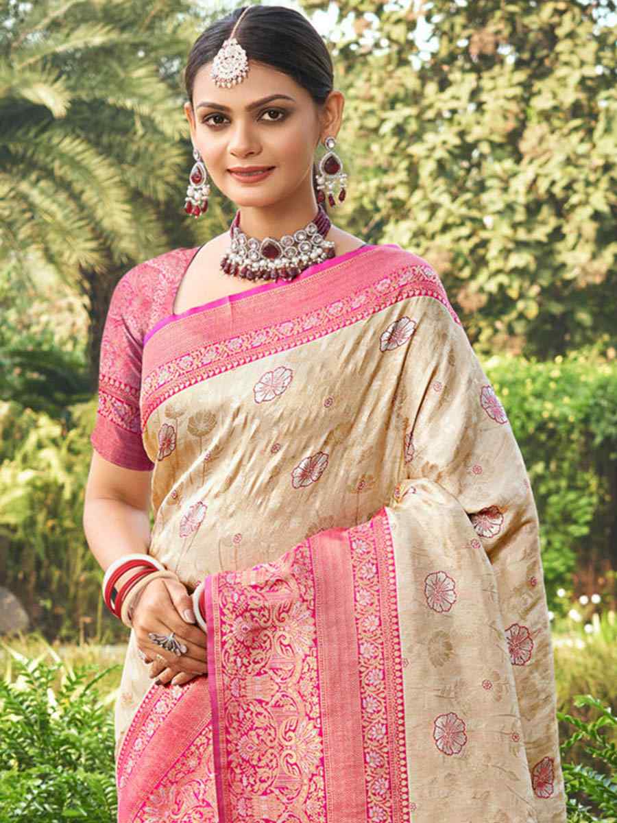 Beige Kanjivaran Silk Handwoven Wedding Festival Heavy Border Saree