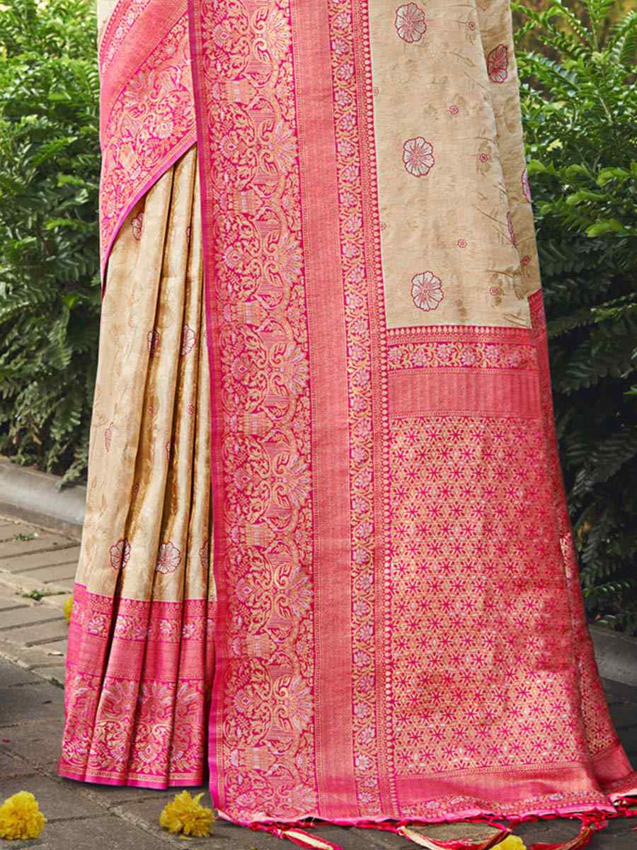 Beige Kanjivaran Silk Handwoven Wedding Festival Heavy Border Saree