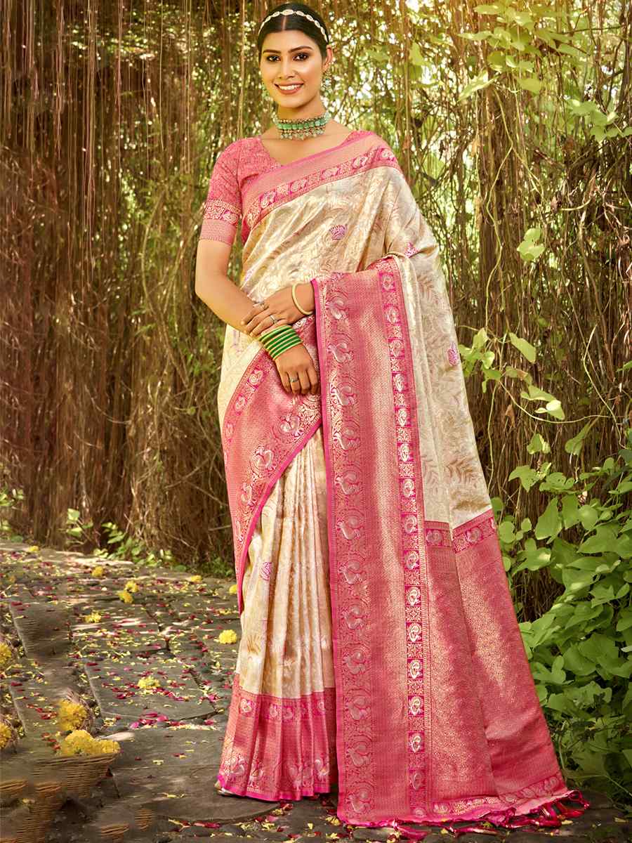 Beige Kanjivaran Silk Handwoven Wedding Festival Heavy Border Saree