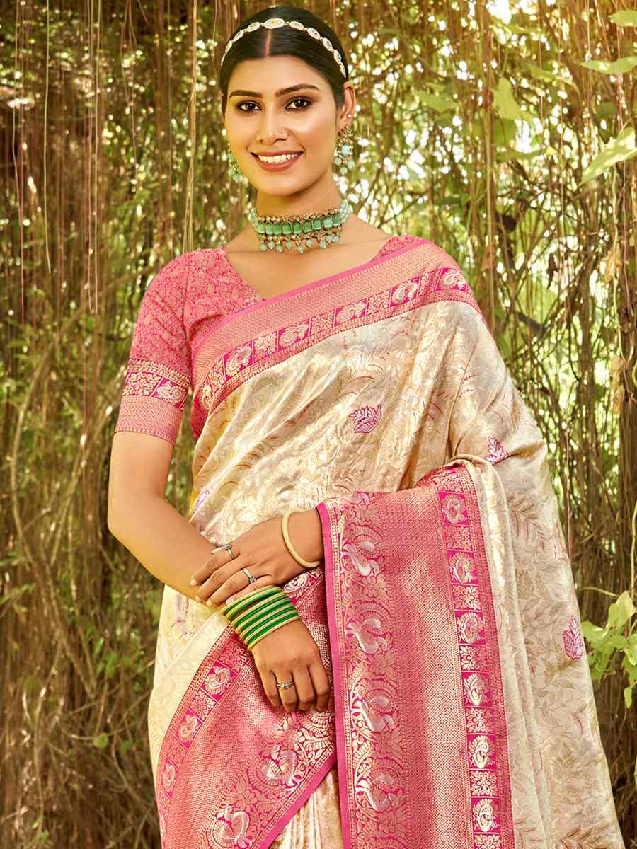Beige Kanjivaran Silk Handwoven Wedding Festival Heavy Border Saree