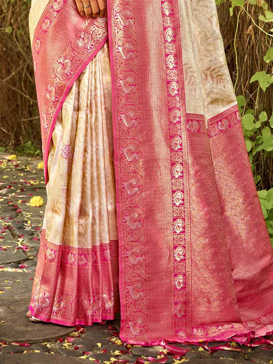 Beige Kanjivaran Silk Handwoven Wedding Festival Heavy Border Saree