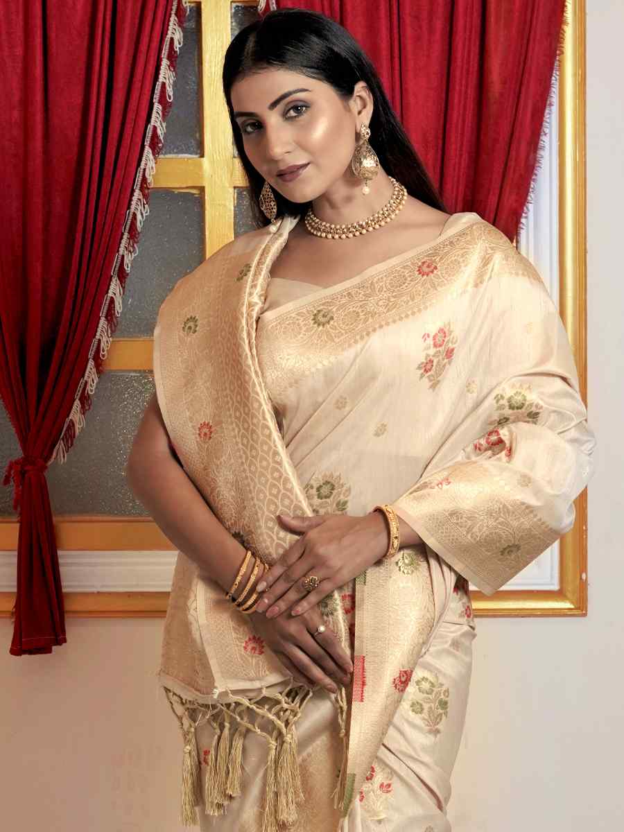 Beige Katan Silk Handwoven Wedding Festival Heavy Border Saree