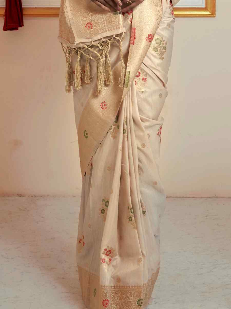 Beige Katan Silk Handwoven Wedding Festival Heavy Border Saree