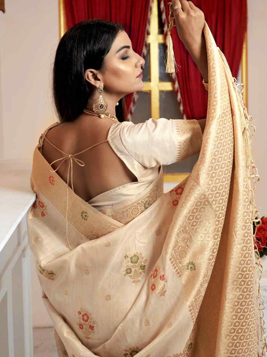 Beige Katan Silk Handwoven Wedding Festival Heavy Border Saree