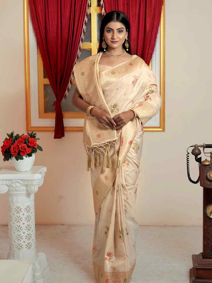 Beige Katan Silk Handwoven Wedding Festival Heavy Border Saree