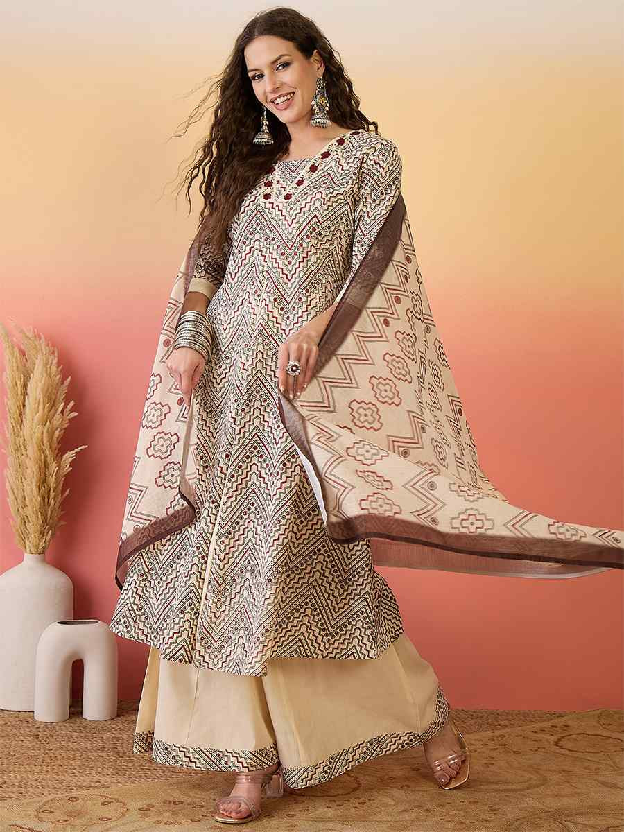 Beige Khadi Silk Embroidered Party Wedding Ready A-Line Salwar Kameez