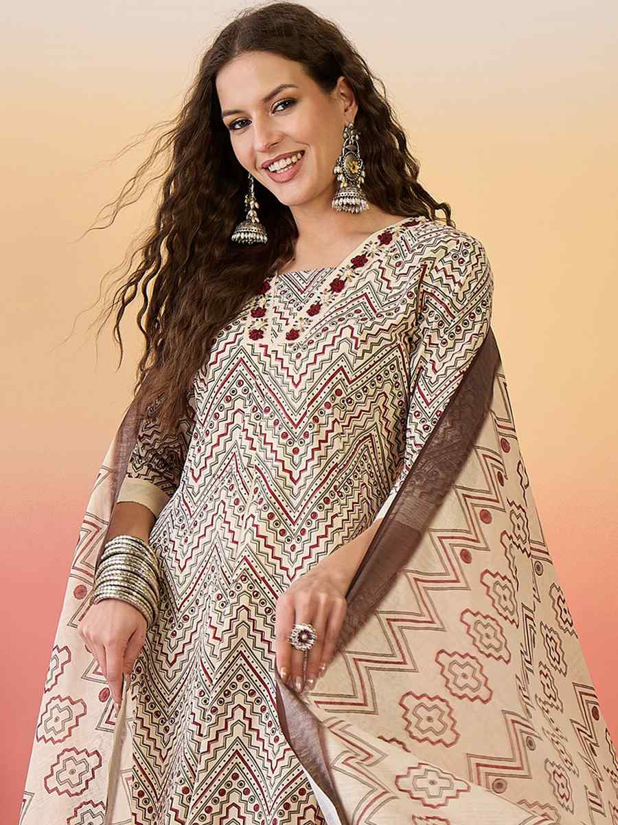 Beige Khadi Silk Embroidered Party Wedding Ready A-Line Salwar Kameez