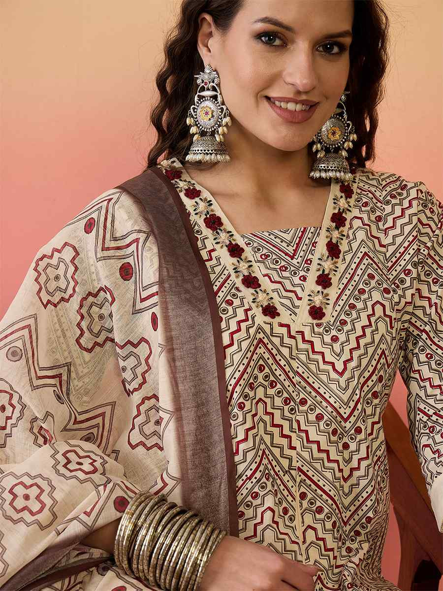 Beige Khadi Silk Embroidered Party Wedding Ready A-Line Salwar Kameez
