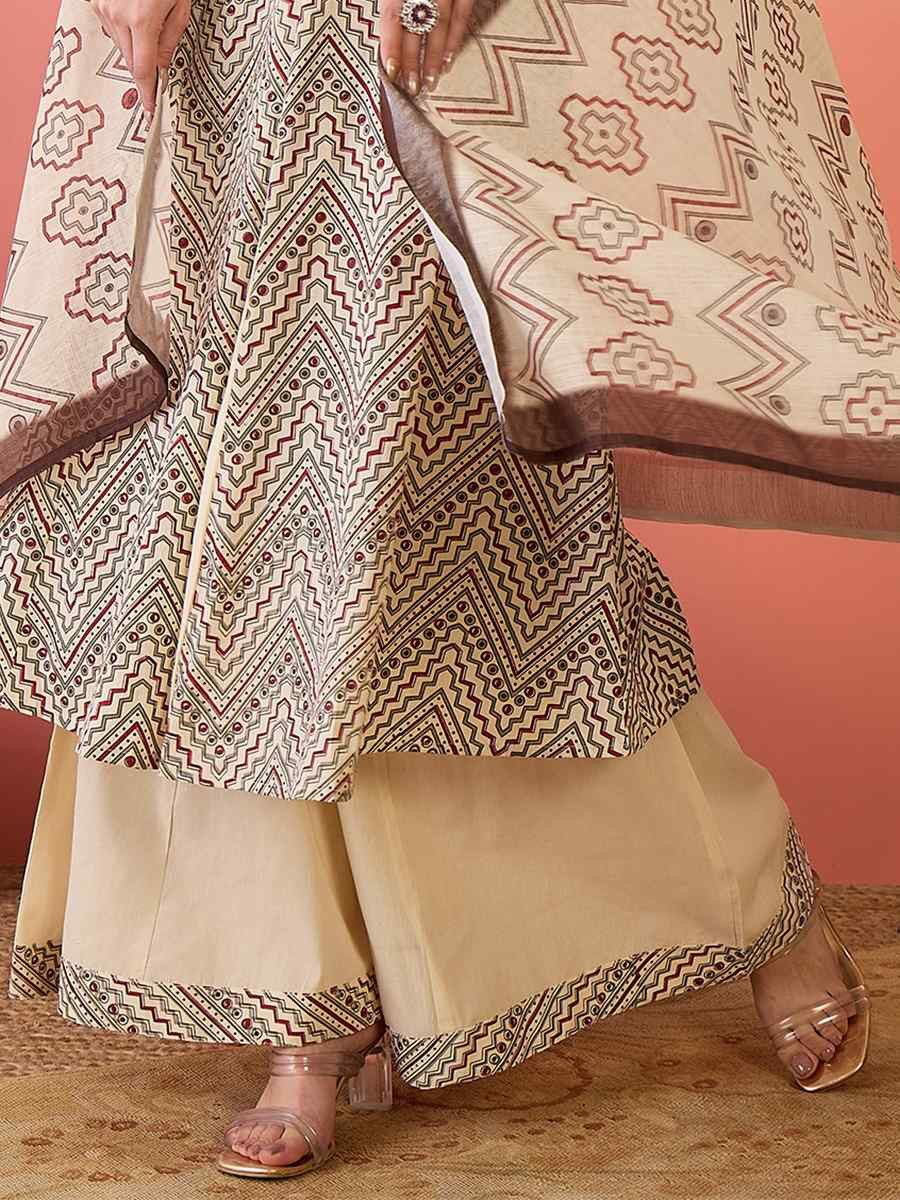 Beige Khadi Silk Embroidered Party Wedding Ready A-Line Salwar Kameez
