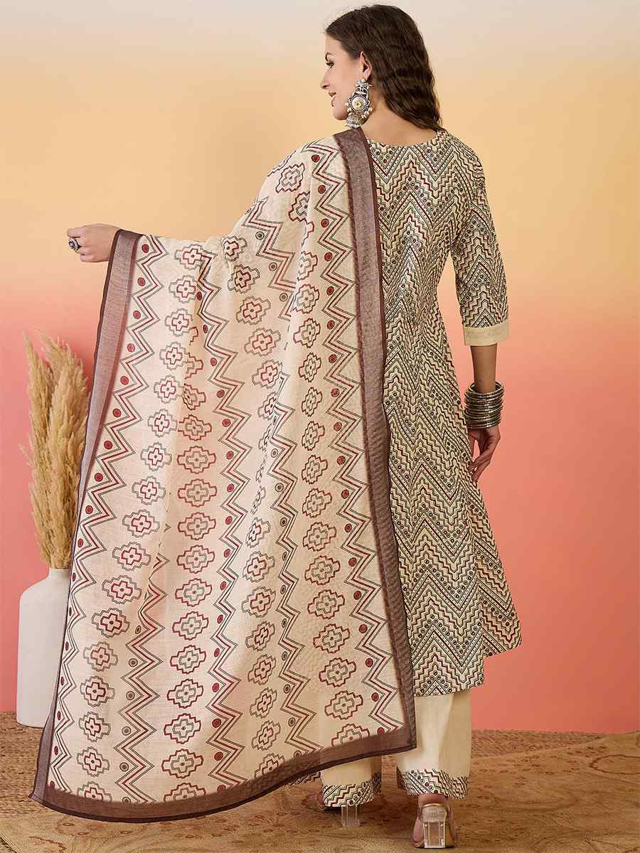 Beige Khadi Silk Embroidered Party Wedding Ready A-Line Salwar Kameez