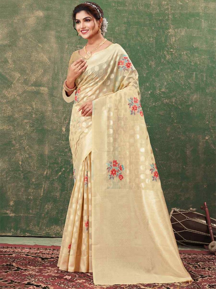 Beige Kota Cotton Handwoven Wedding Festival Heavy Border Saree