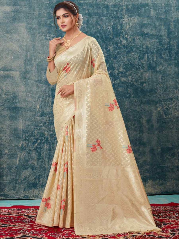 Beige Kota Cotton Handwoven Wedding Festival Heavy Border Saree