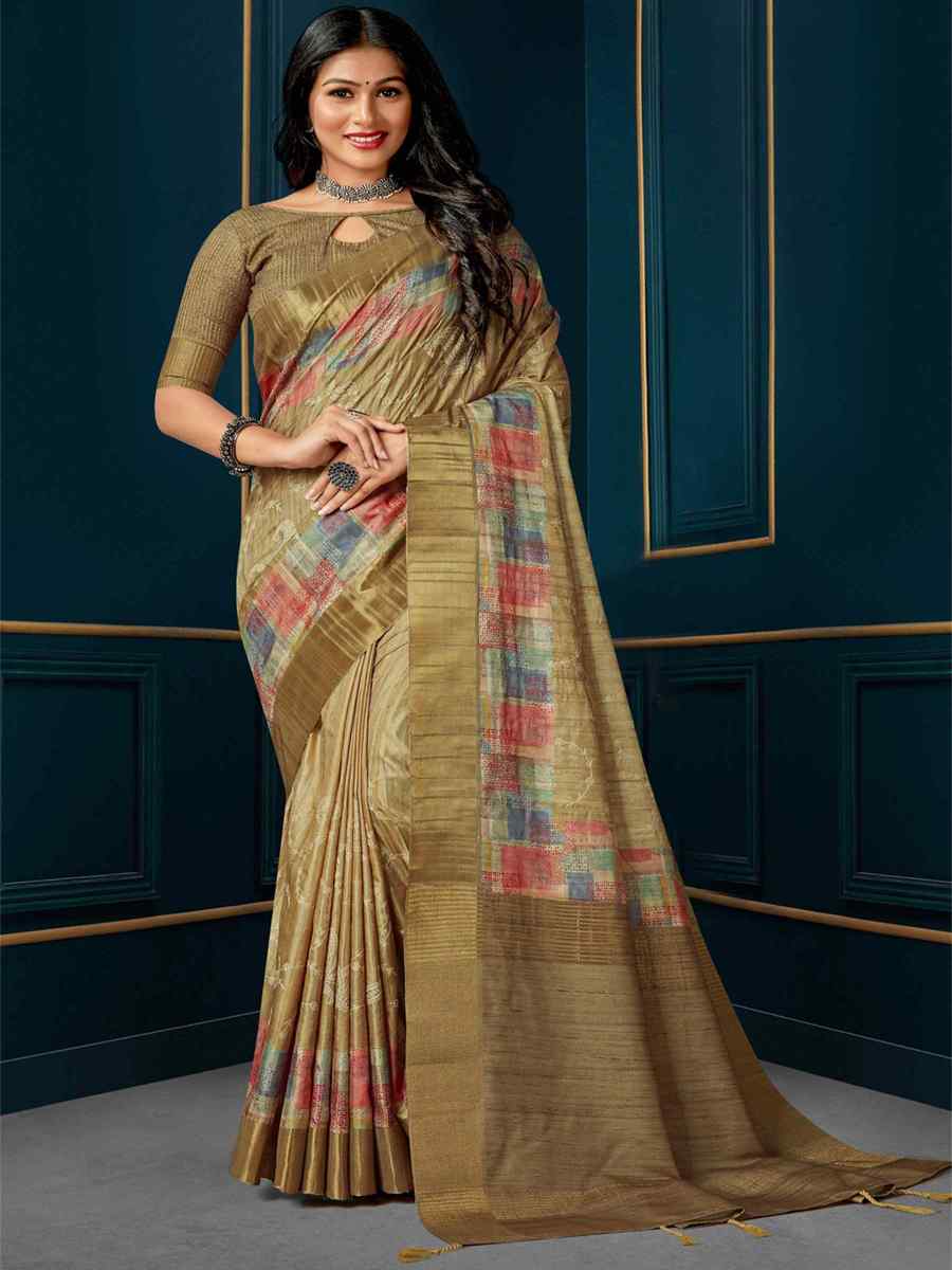 Beige Kotha Silk Embroidered Mehendi Festival Heavy Border Saree