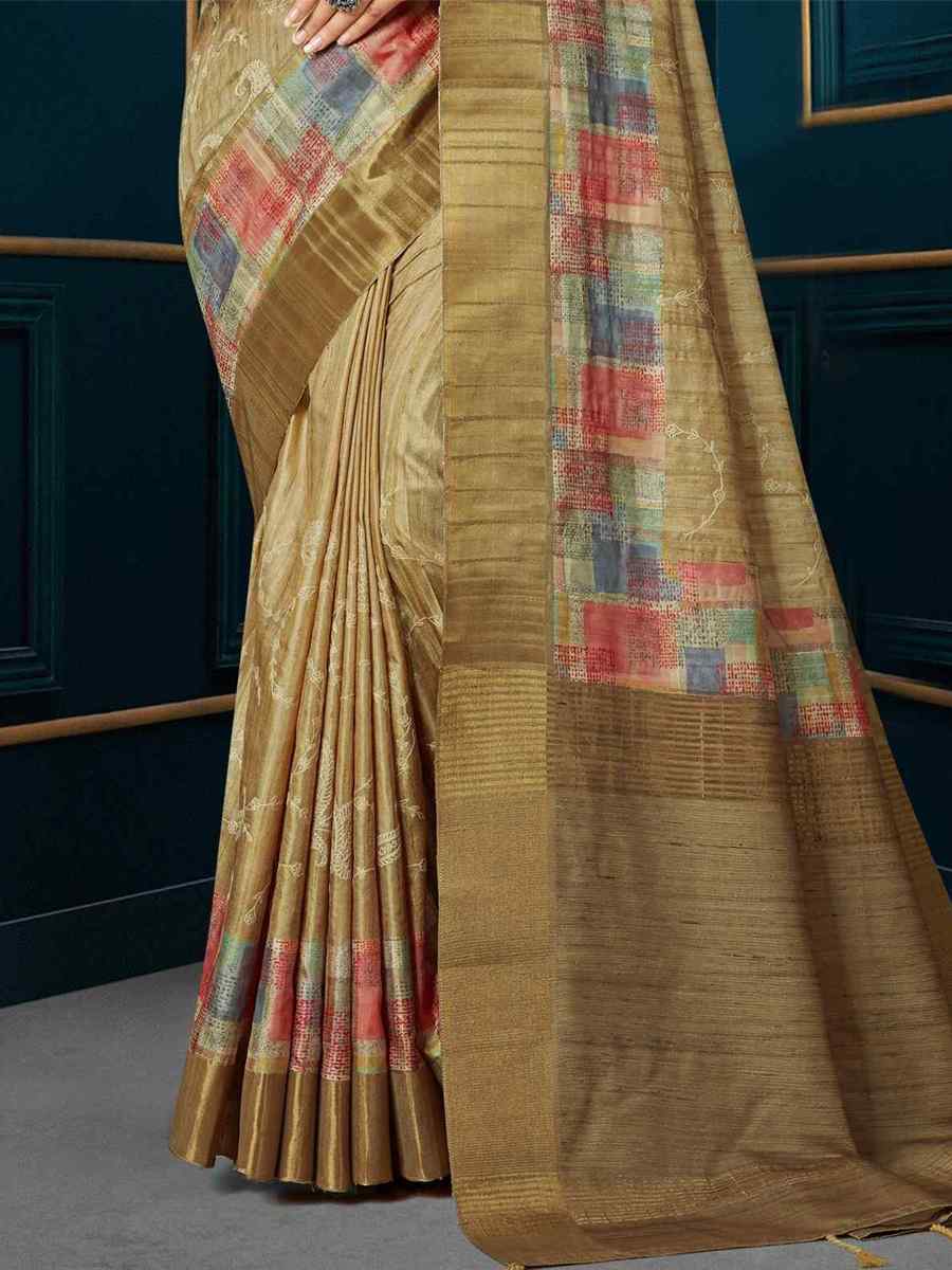 Beige Kotha Silk Embroidered Mehendi Festival Heavy Border Saree