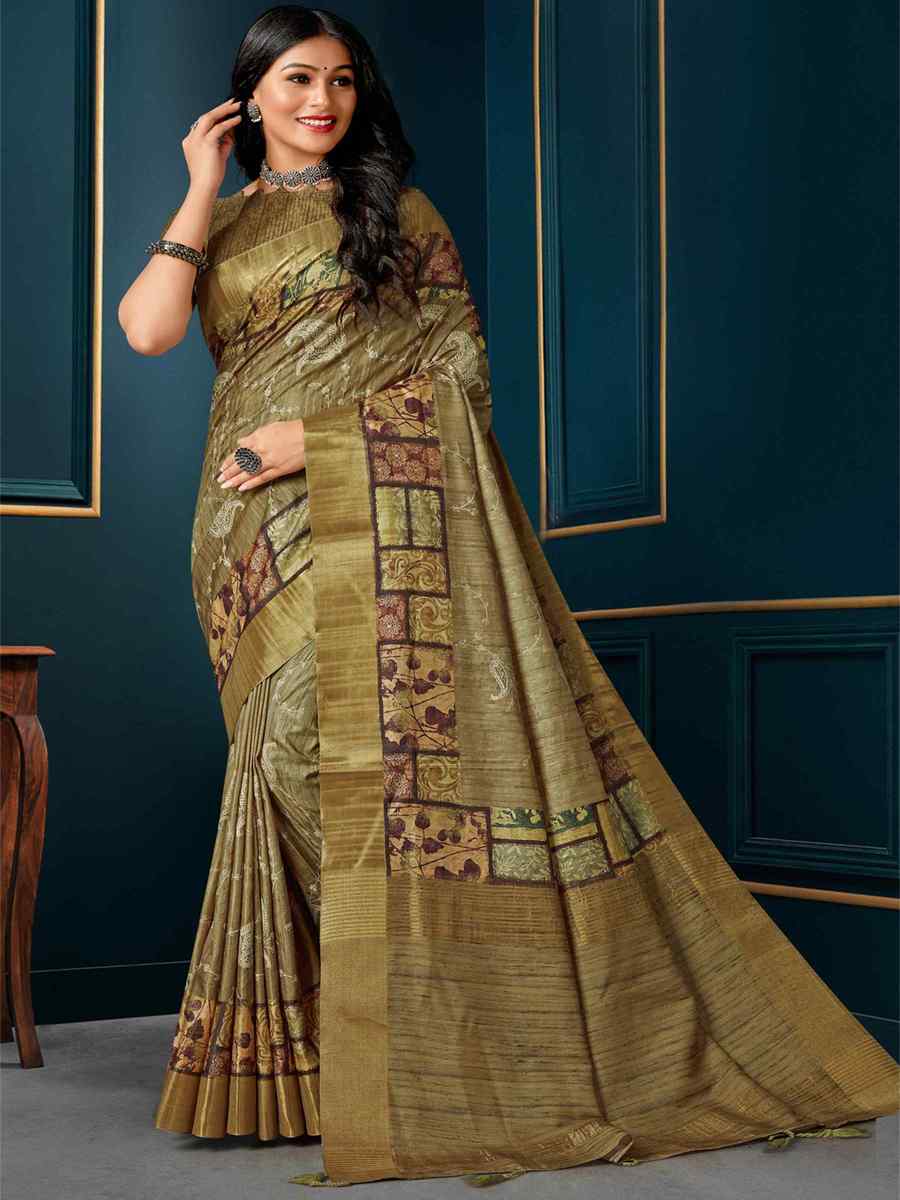 Beige Kotha Silk Embroidered Mehendi Festival Heavy Border Saree