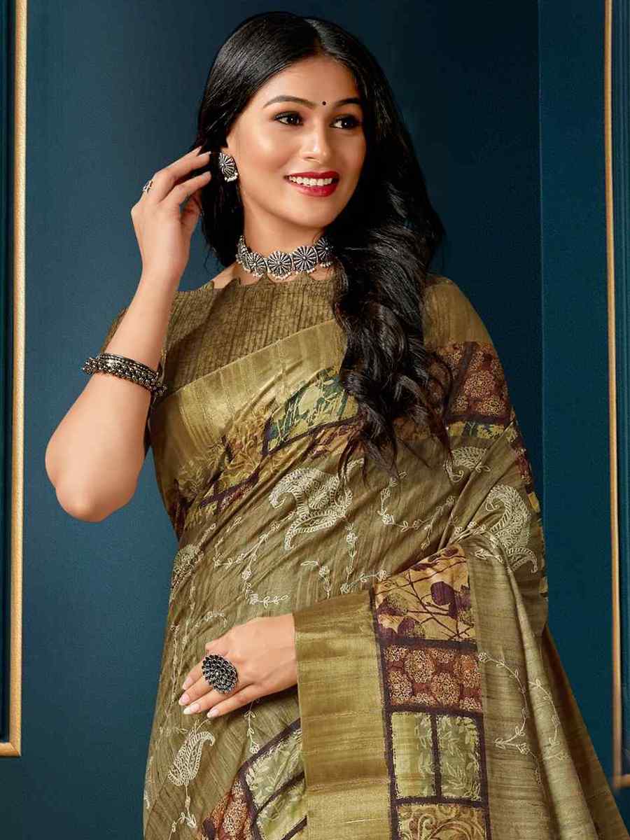 Beige Kotha Silk Embroidered Mehendi Festival Heavy Border Saree