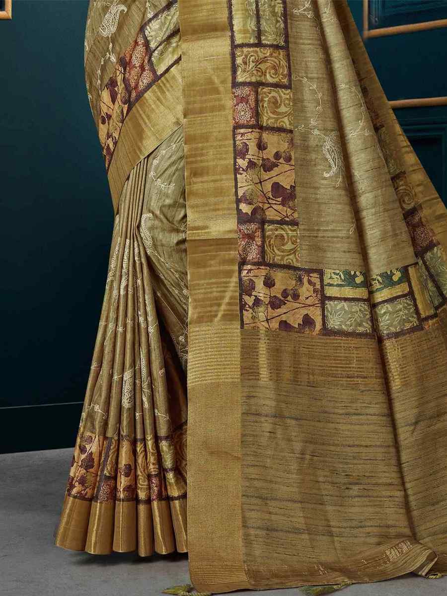 Beige Kotha Silk Embroidered Mehendi Festival Heavy Border Saree