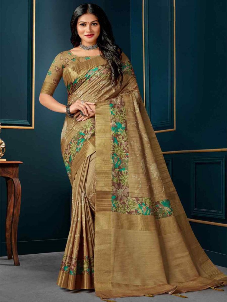 Beige Kotha Silk Embroidered Mehendi Festival Heavy Border Saree