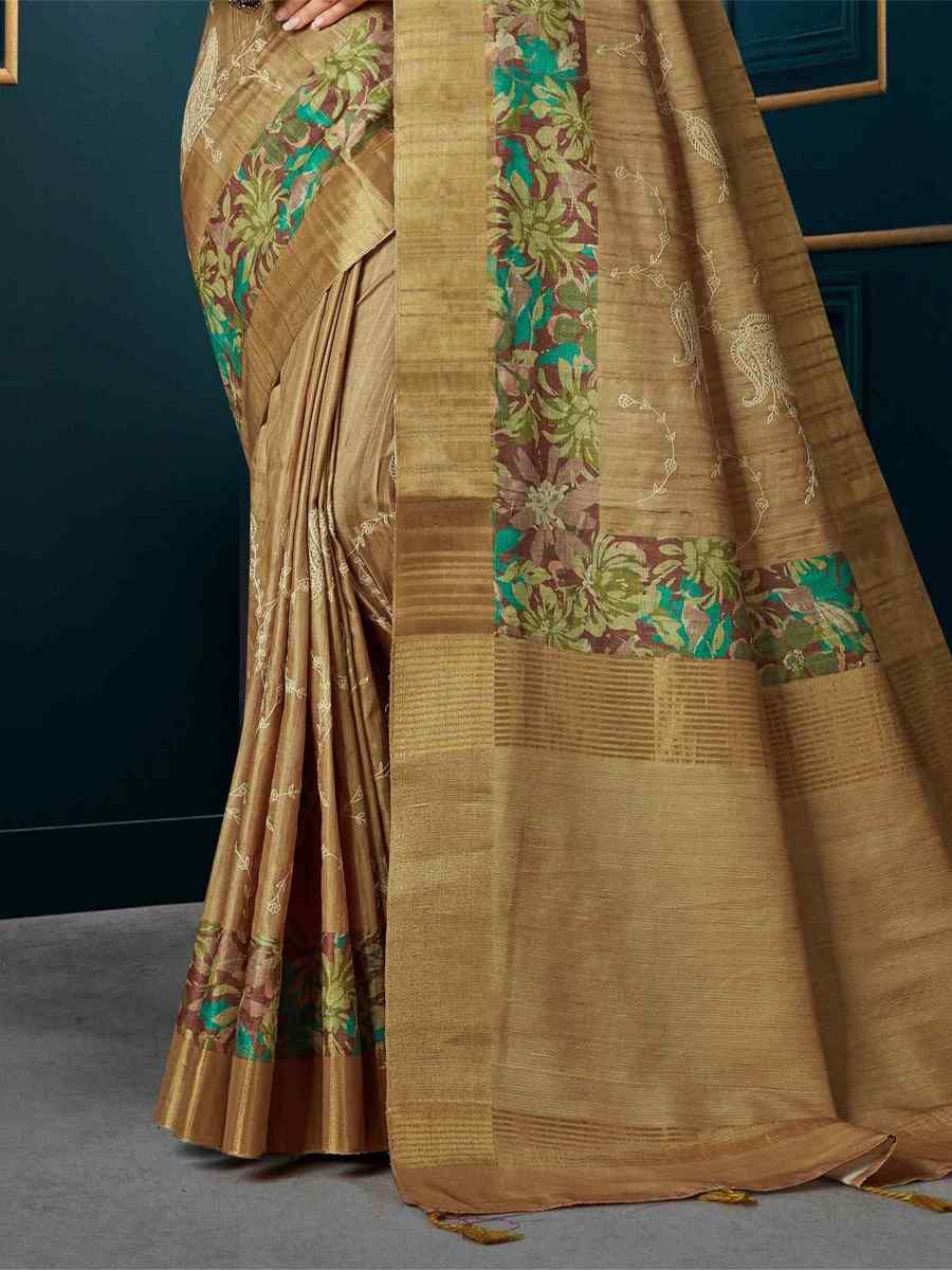 Beige Kotha Silk Embroidered Mehendi Festival Heavy Border Saree